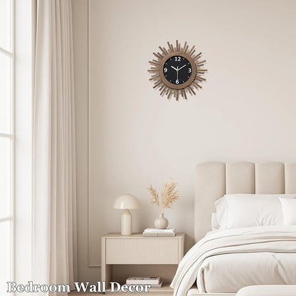 Tricolor 12 Inch Silent Sunburst Rustic Wood Wall Clock - Battery Operated