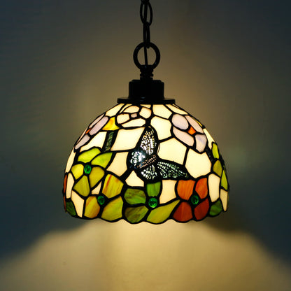 ZJART Small Tiffany Pendant Light Plug in Stained Glass Swag Lamp 8X8X181 Inch Hanging Lamp (Flowers Butterfly for Dining Room Living Room