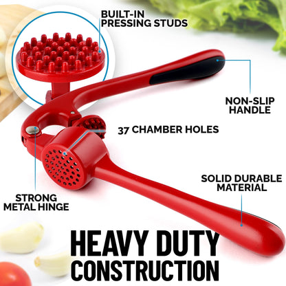 Zulay Kitchen Premium Garlic Press Set - Rust Proof & Dishwasher Safe Professional Garlic Mincer Tool - Easy-Squeeze, Easy-Clean with Soft, Ergonomic Handle - Silicone Garlic Peeler & Brush (Red)