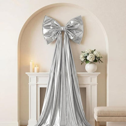 Giant Shiny Bow by [Brand Name] - Extra Large 82-Inch Glitter Decoration with Metal Clip for Weddings & Parties | Silver
