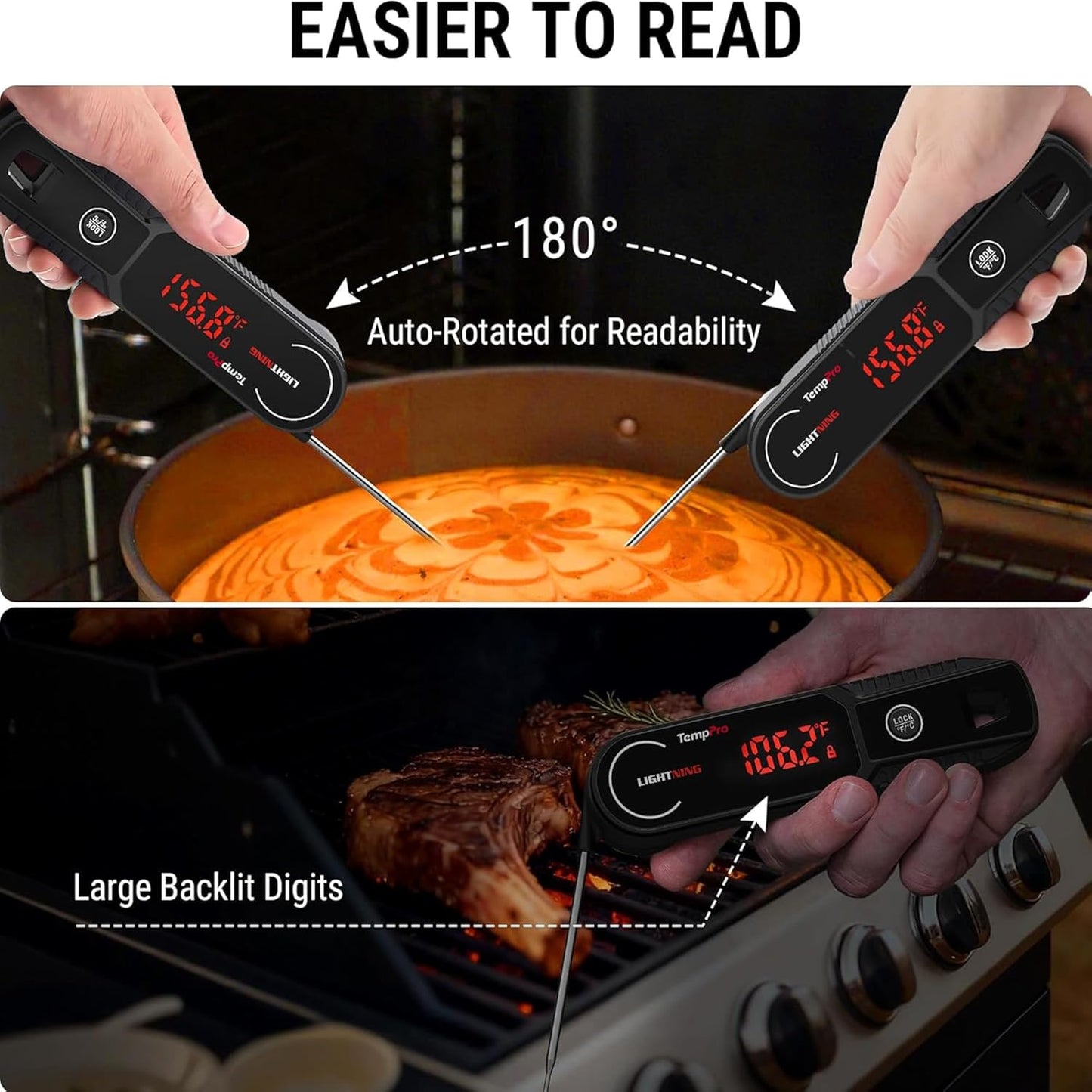 TempPro Instant Read Meat Thermometer - 0.5 Sec Read Time, 180° Rotating Display, IP67 Waterproof for BBQ & Grill