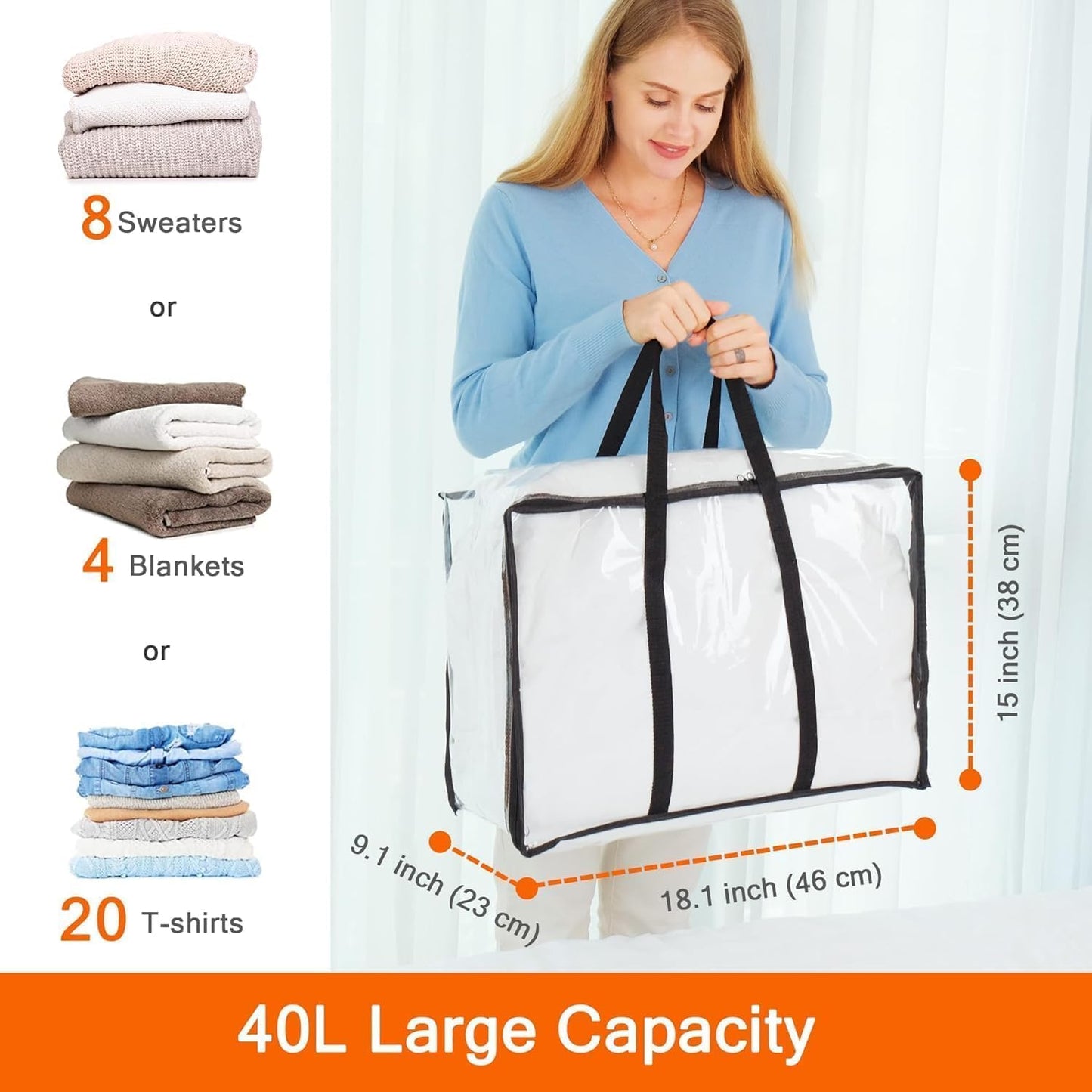 Vieshful Clear Clothes Storage Bags - 40L Zippered Organizer for Blankets, Comforters & Toys | Foldable Design
