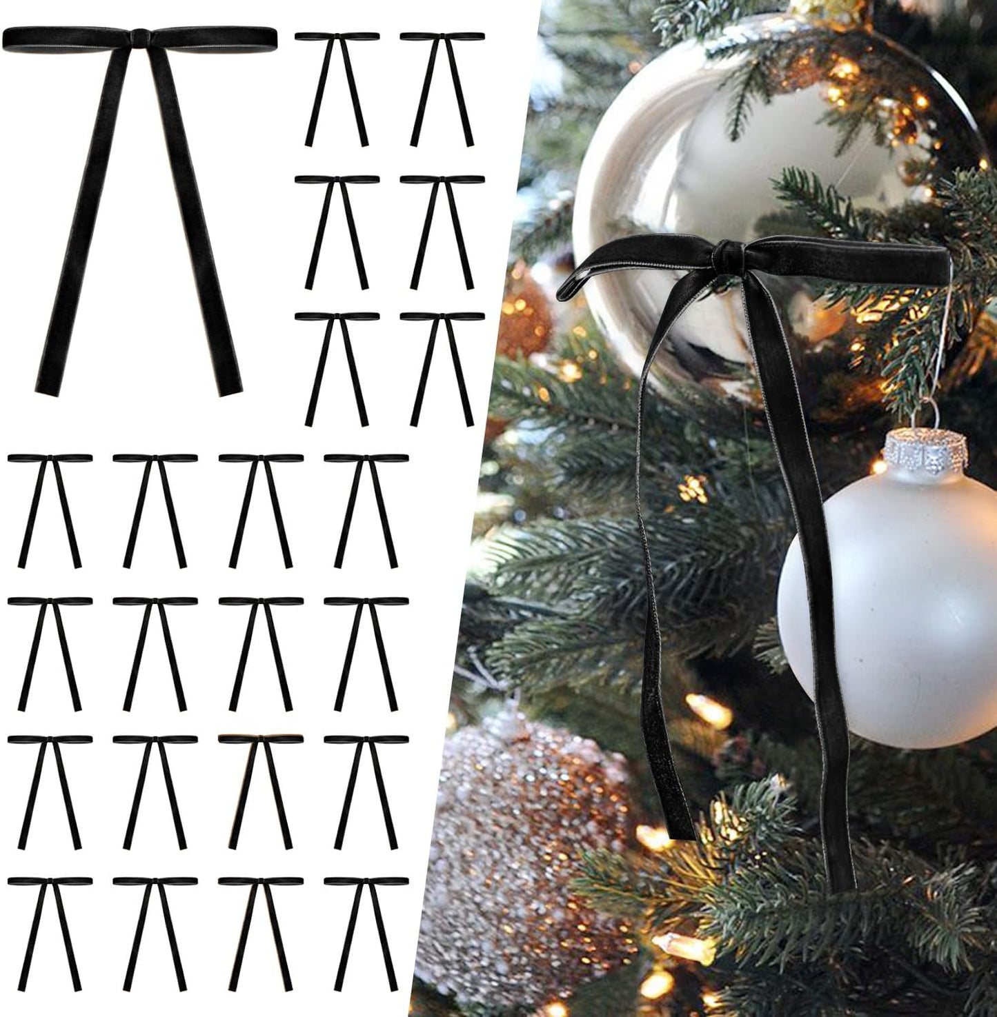 SIMISI Velvet Ribbon Bows - 24Pcs Black Christmas Decorations for Tree, Wreath & Garland | 3/8'' Width, 5x7 Inch