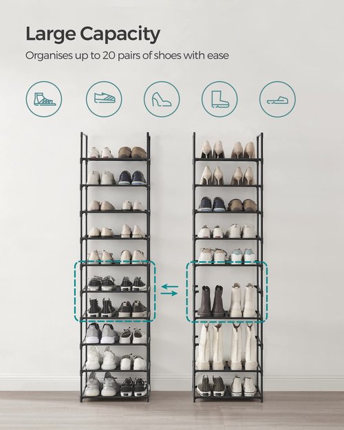 SONGMICS Shoe Rack, 10-Tier Shoe Shelf, Shoe Storage Organizer, 11 x 17.7 x 68 Inches, Metal Frame, Non-Woven Fabric Shelves, for Entryway, Bedroom, Black ULSH010B02