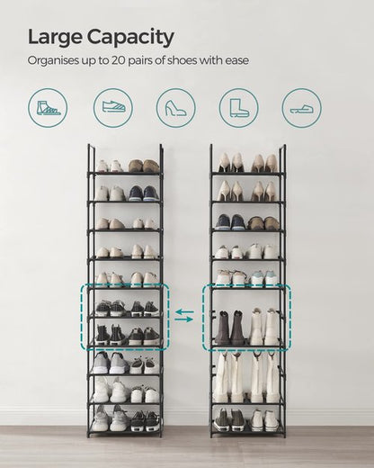 SONGMICS Shoe Rack, 10-Tier Shoe Shelf, Shoe Storage Organizer, 11 x 17.7 x 68 Inches, Metal Frame, Non-Woven Fabric Shelves, for Entryway, Bedroom, Black ULSH010B02