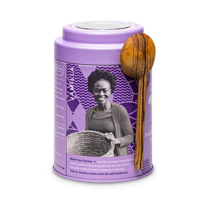 JusTea PURPLE CHOCOLATE | Loose Leaf Purple Tea | Tin with Hand Carved Tea Spoon | 40+ Cups (3.5oz) | Very Low Caffeine | Award-Winning | Fair Trade | Non-GMO