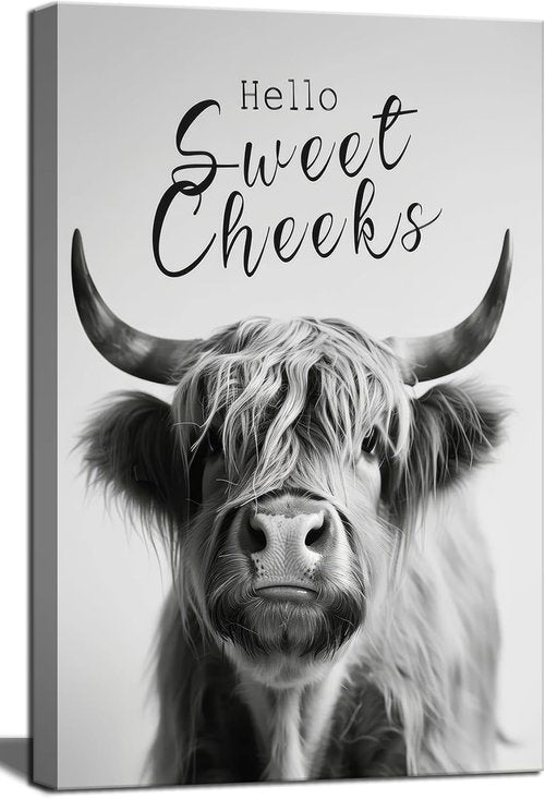 Highland Cow Wall Art - Funny Black and White Canvas Print | 16x24in Framed Bathroom Decor