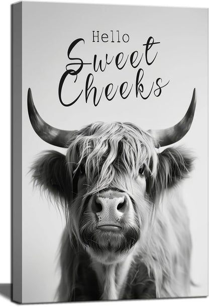 Highland Cow Wall Art - Funny Black and White Canvas Print | 16x24in Framed Bathroom Decor