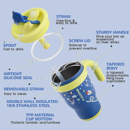 KXIAOCHEN Kids Tumbler - 14 oz Insulated Stainless Steel with Handle | Spill Proof & Keeps Drinks Cold Up to 24 Hrs - Mermaid & Spaceman Designs