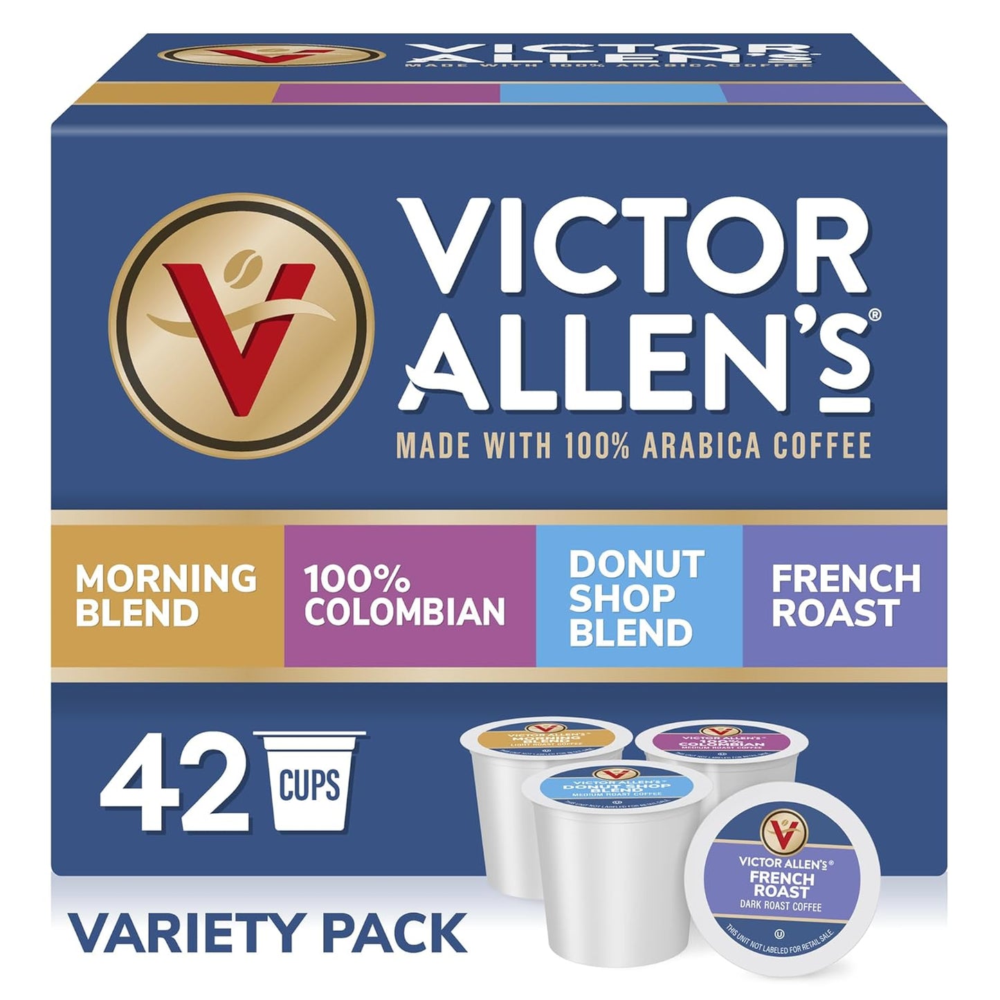 Victor Allen's Coffee Variety Pack - 42 Count Single Serve Pods | Morning Blend, 100% Colombian, French Roast
