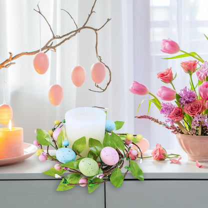 Winlyn Easter Egg Candle Rings - 4 Pcs Spring Wreaths with Pastel Eggs & Foliage | 11" Table Centerpiece Decor