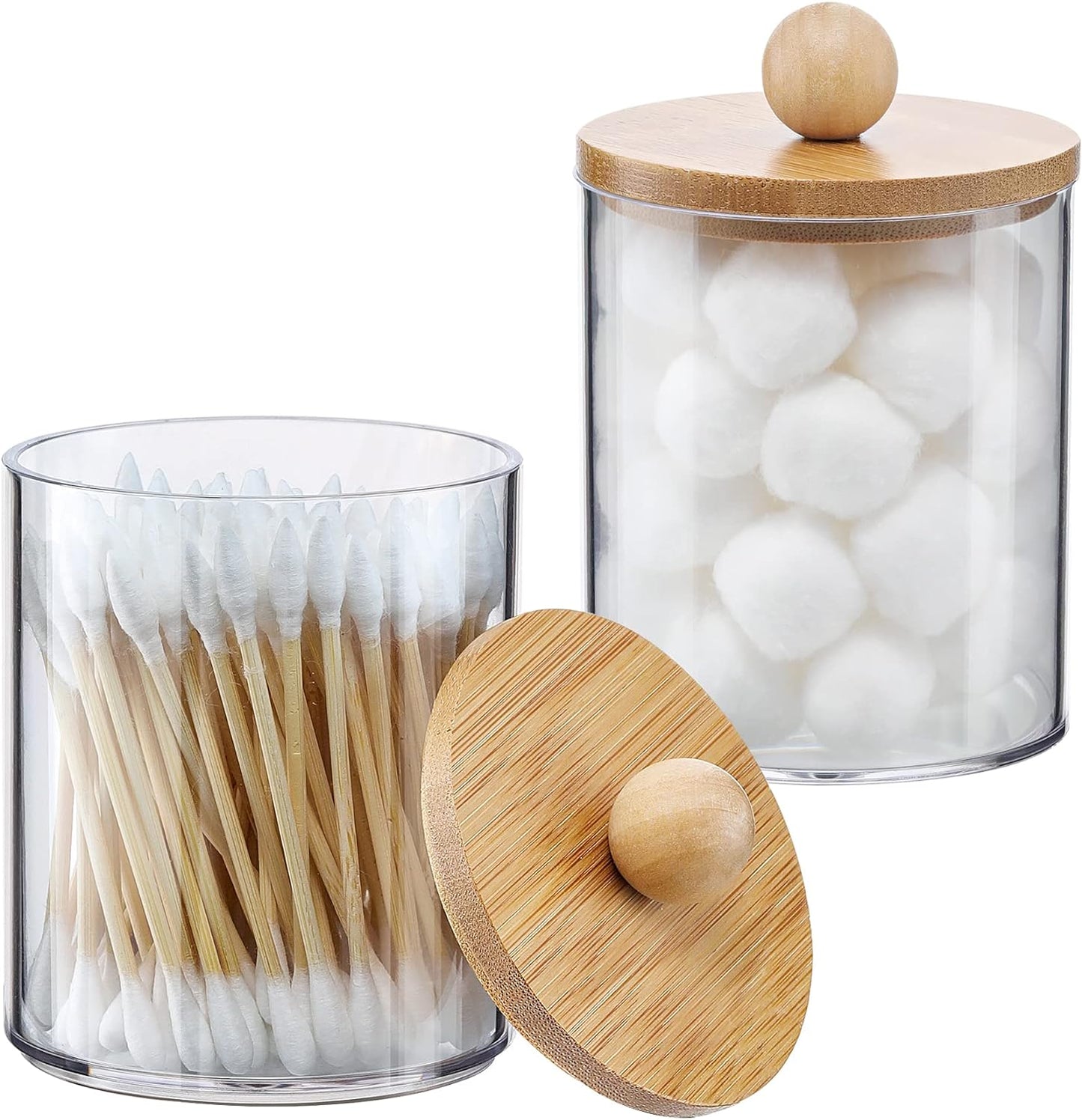 Qtip Holder Dispenser by [Brand Name] - 2 Pack Bamboo Lid Apothecary Jars for Makeup Storage | 10 oz Clear Plastic