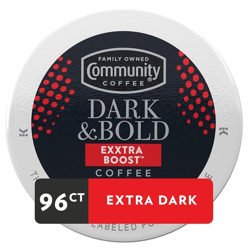 Community Coffee Dark & Bold Extra Boost Coffee Pods - 96 Count for Keurig 2.0 | Rich Flavor & Convenience