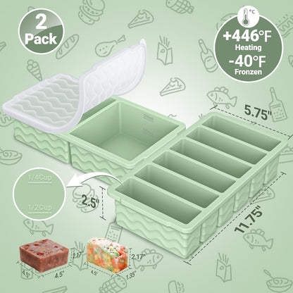 Skiennix Silicone Freezer Trays - 2-Pack with Lid for Meal Prep | 2 Large 2-Cup & 6 Small 1/2-Cup Molds