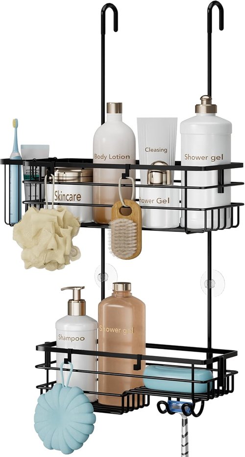 HapiRm Hanging Shower Caddy Organizer - Rustproof 304 Stainless Steel with Hooks & Toothbrush Holder - Black