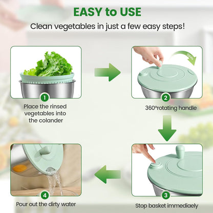 Stainless Steel Salad Spinner - 3-in-1 One-Touch Stop & Non-Slip Base | 5.3 Qt Vegetable Dryer for Healthy Living