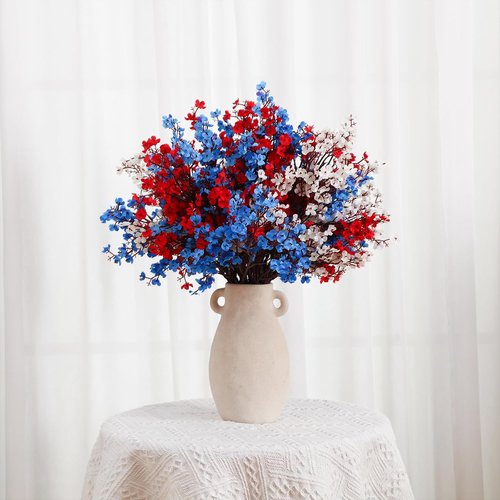 Lyrow Patriotic Artificial Flowers - 24 Pcs Red, Blue & White Table Centerpieces for 4th of July Decor