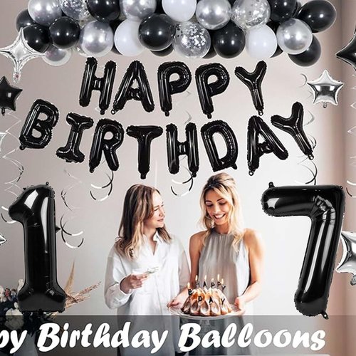 17 Balloon Numbers by 32 Inch - Happy Birthday Foil Letters & Star Balloons | Silver & Black Party Decor