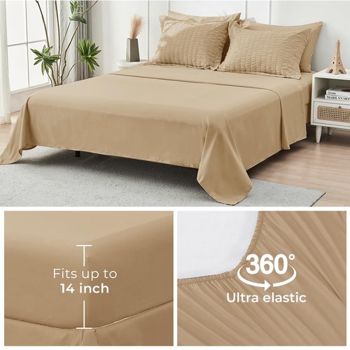 HYMOKEGE Khaki Twin XL Comforter Set Seersucker 5 Pieces, All Season Luxury Bed in a Bag for Bedroom, Bedding Set with Comforter, Sheets, Pillowcase & Sham