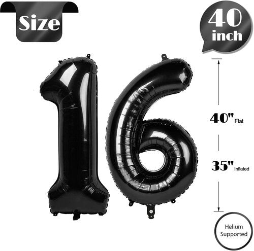 Black Number 16 Balloon - 40 Inch Large 16th Birthday Decoration for Boys & Girls Party Supplies