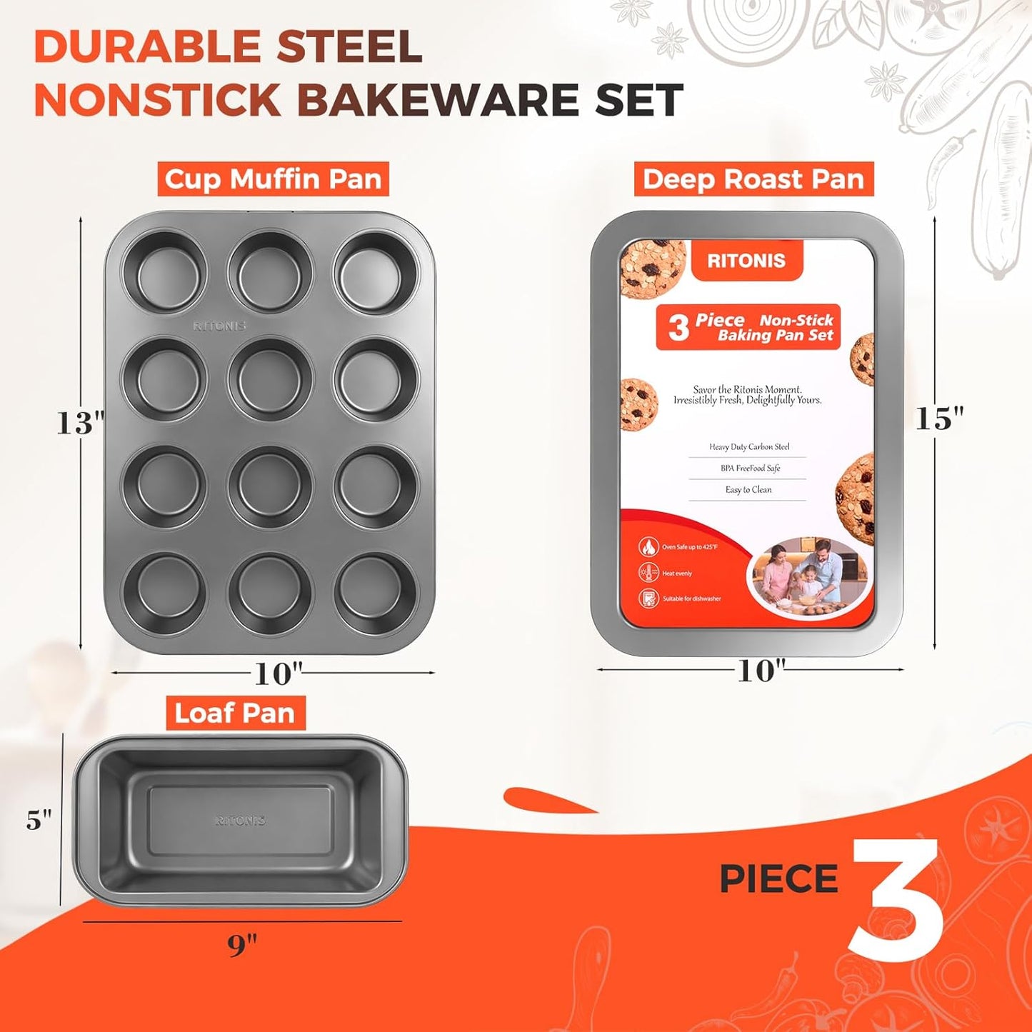 Skiennix 3-Piece Non-Stick Baking Pans Set - Stackable Bakeware with Cookie Sheet, Muffin Pan & Bread Loaf Pan - Black
