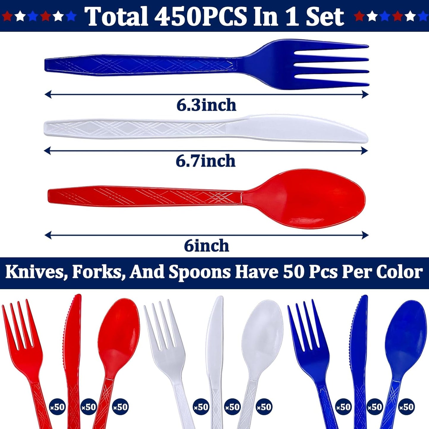 Patriotic American Flag Party Supplies - 450 Pcs Disposable Cutlery Set | 150 Spoons, 150 Forks, 150 Knives in Red, White & Blue