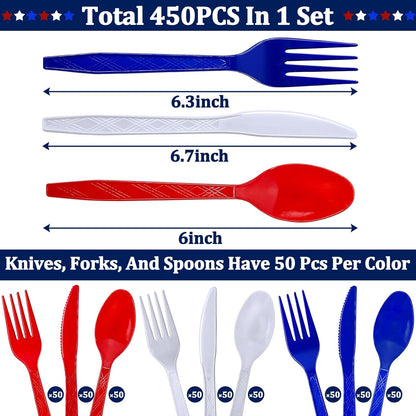Patriotic American Flag Party Supplies - 450 Pcs Disposable Cutlery Set | 150 Spoons, 150 Forks, 150 Knives in Red, White & Blue