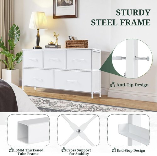 5-Drawer Dresser by [Brand Name] - Anti-Tip Fabric Chest with Wooden Top | Ideal Storage for Bedroom & Living Room, White