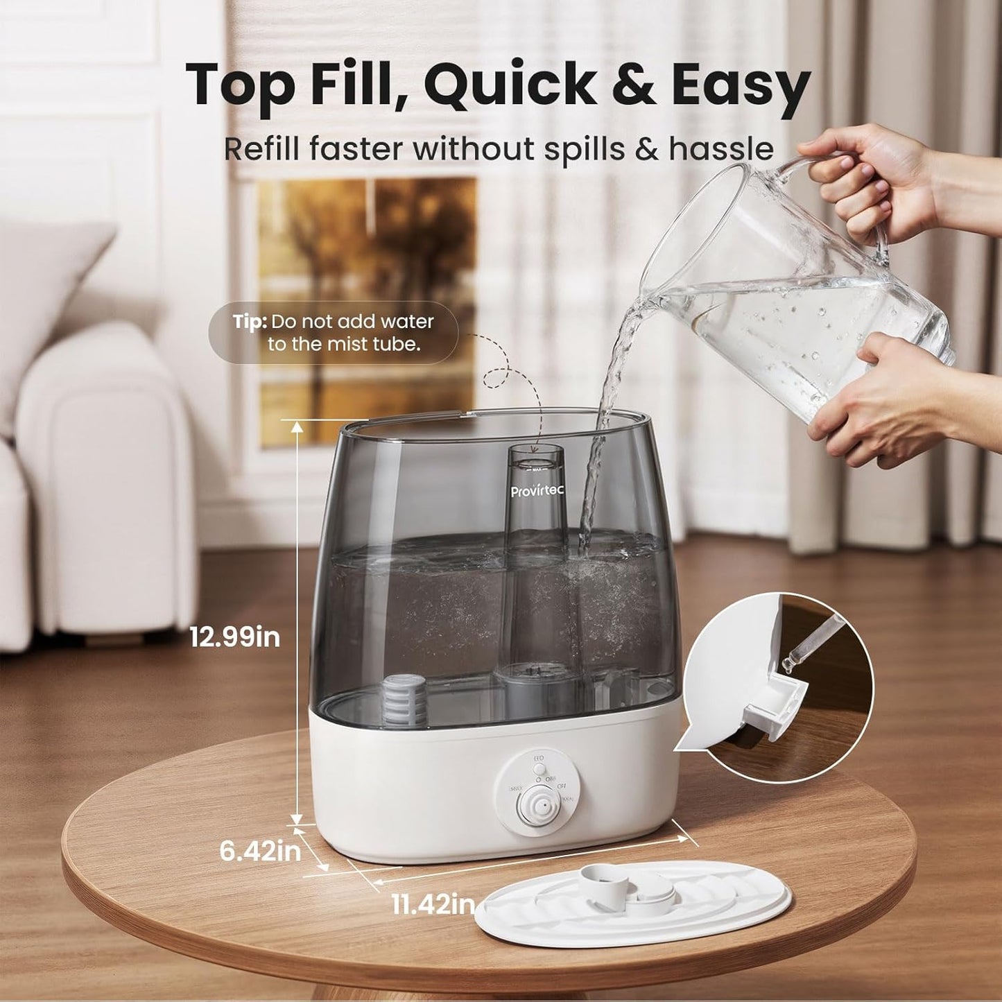 Provirtec 6.5L Humidifier - Ultra Quiet Cool Mist for Large Rooms | Low Maintenance, Top Fill Design, 65H Runtime