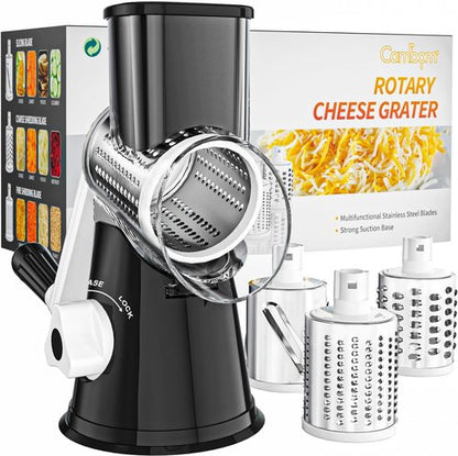 Cambom Rotary Cheese Grater - Hand Crank Shredder for Fresh Cheese & Vegetables | Non-Slip Base, Black