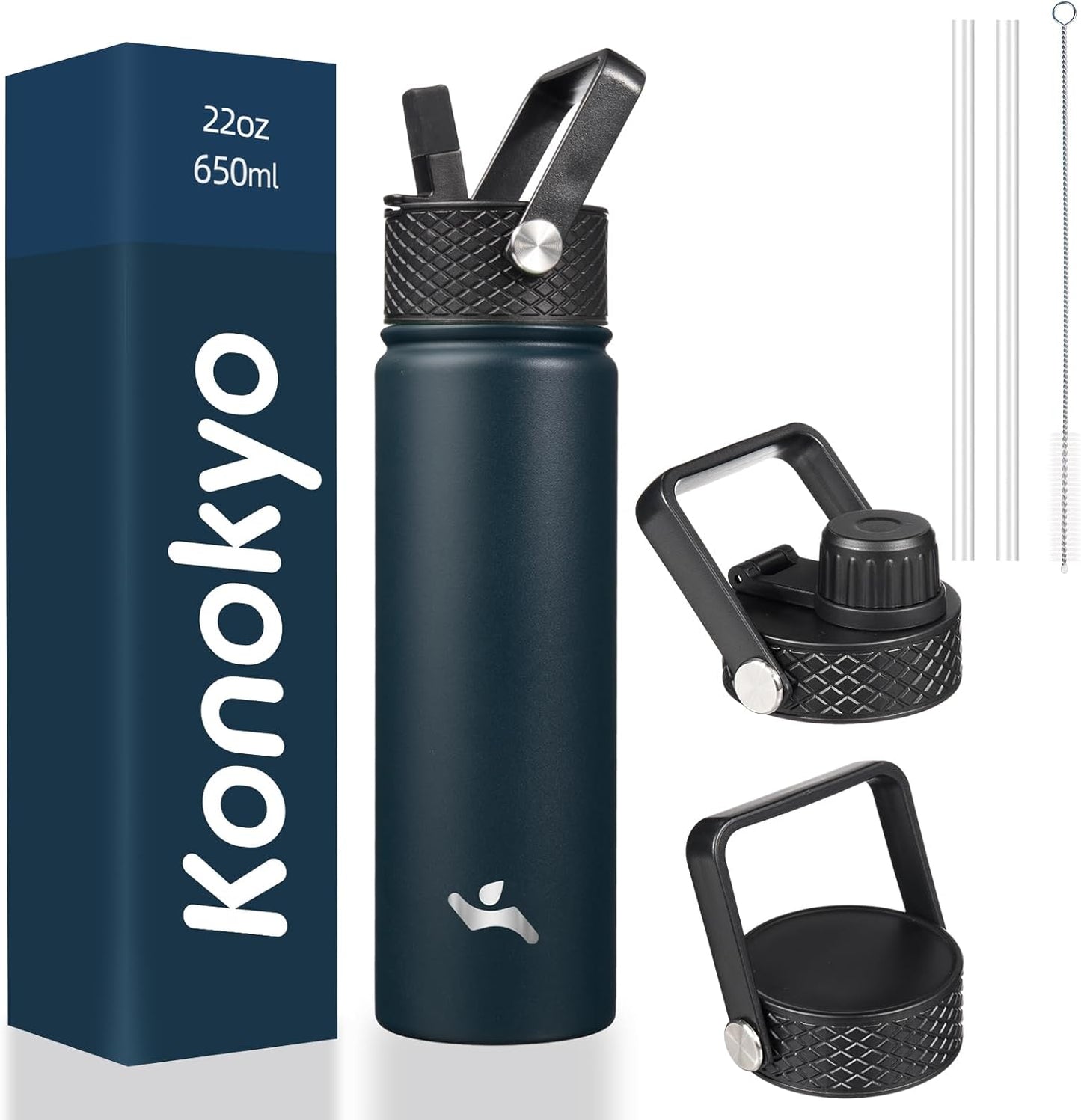 Skiennix 22oz Stainless Steel Water Bottle - Insulated with 3 Lids | Navy Blue