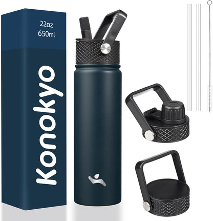 Skiennix 22oz Stainless Steel Water Bottle - Insulated with 3 Lids | Navy Blue