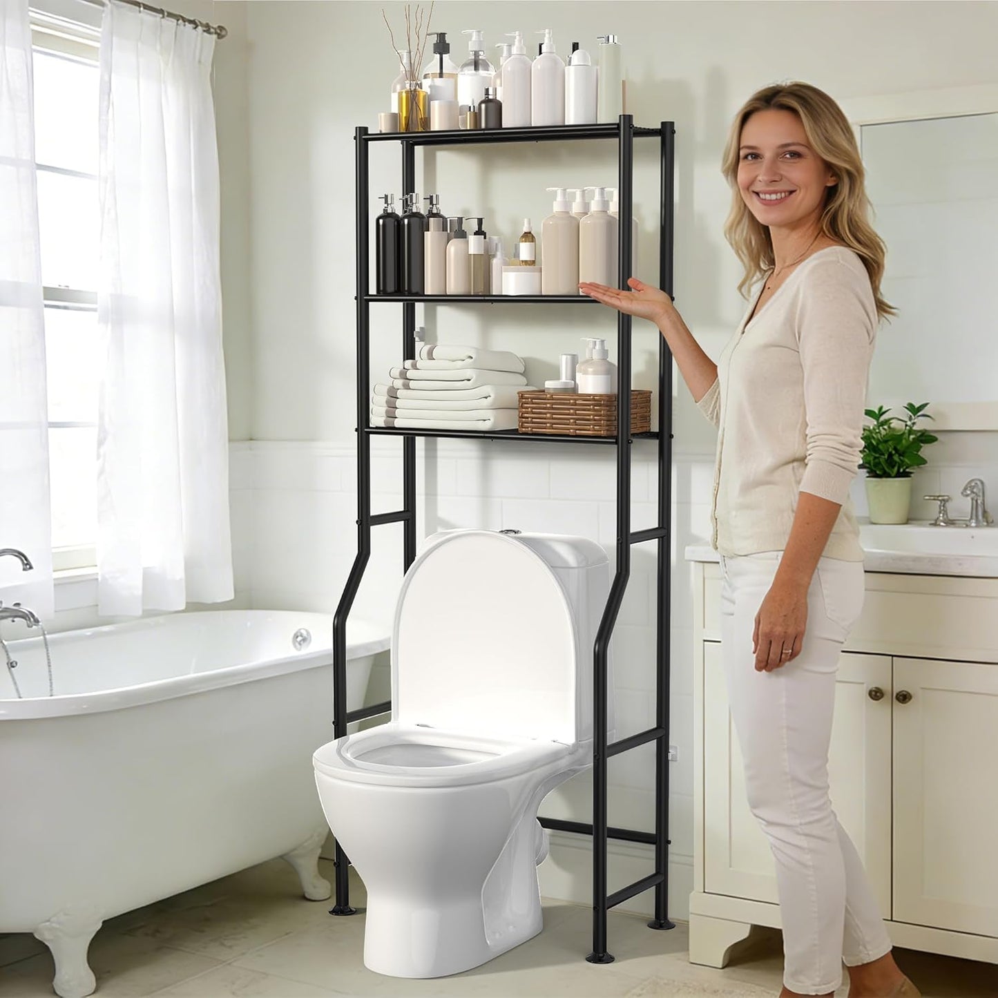 Skiennix 3-Tier Over The Toilet Storage - Freestanding Metal Bathroom Shelves | Space Saver in Black
