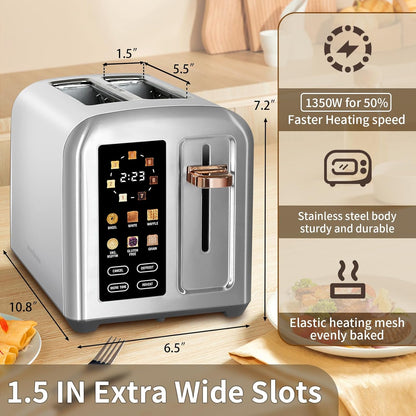 SEEDEEM 2-Slice Toaster - Full Touch Control, LCD Display, 50% Faster Heating, 7 Shade Settings, Silver Metallic