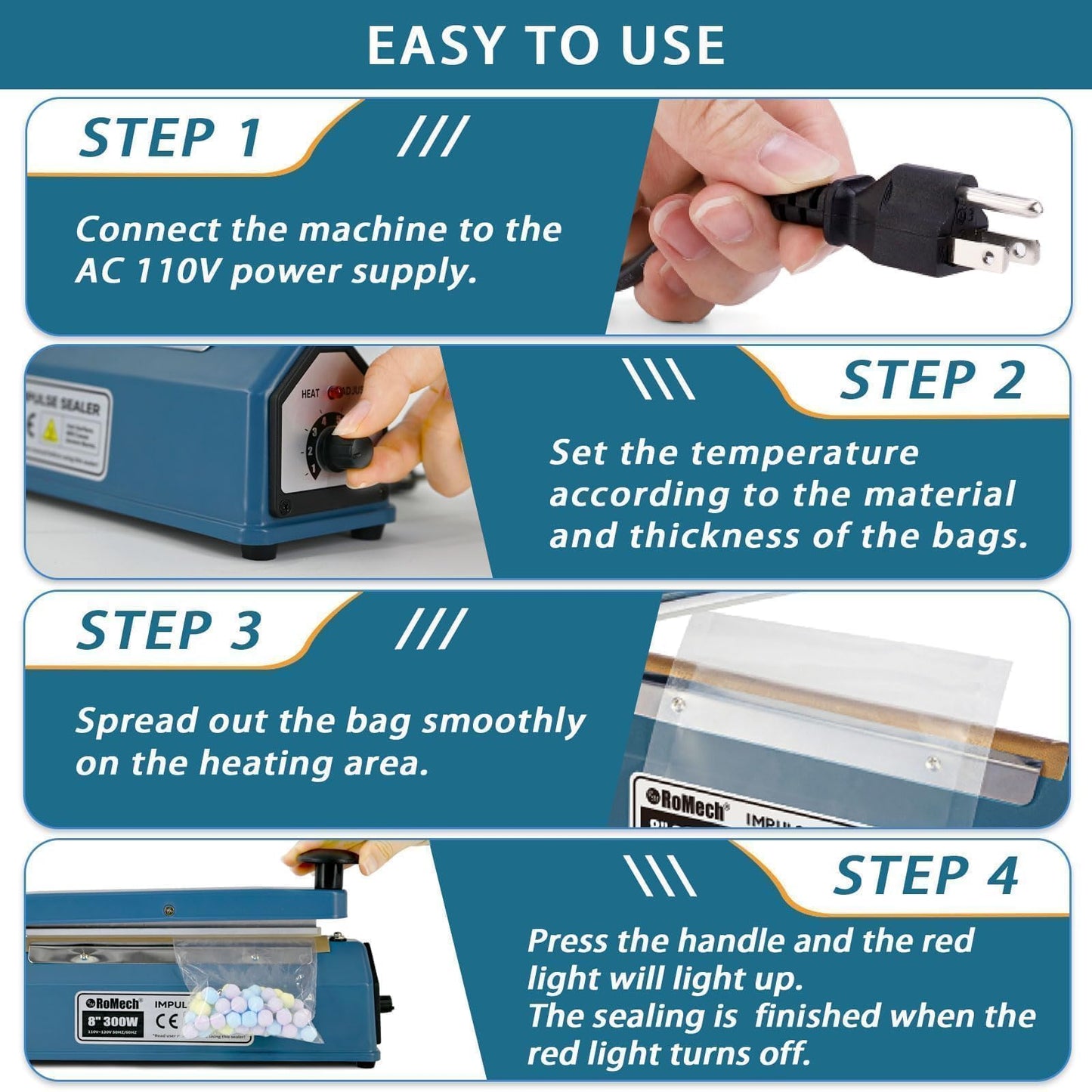 ROMECH 12 Inch Impulse Bag Sealer, Solid Metal Housing Heavy Duty Manual Heat Sealer Machine with Spare Parts for Sealing Plastic Bags & Shrink Wrap Bags (400W)