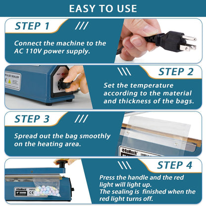 ROMECH 12 Inch Impulse Bag Sealer, Solid Metal Housing Heavy Duty Manual Heat Sealer Machine with Spare Parts for Sealing Plastic Bags & Shrink Wrap Bags (400W)