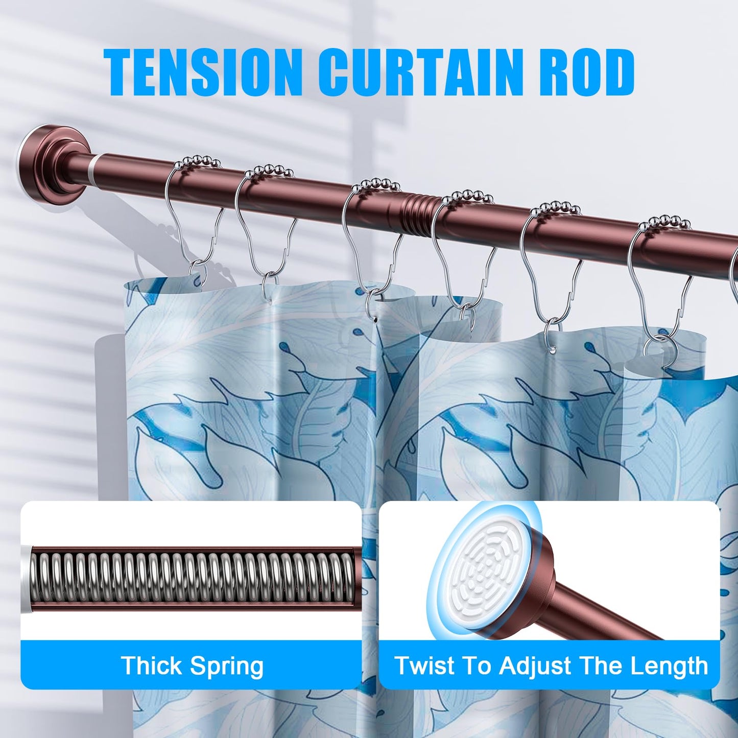 TEECK Shower Curtain Rod, 32-92 inch Adjustable Spring Tension Curtain Rod, Never Rust Anti-Slip Shower Curtain Rod for Bathroom, No Drilling, Never Collapse, Easy to Use, Brown