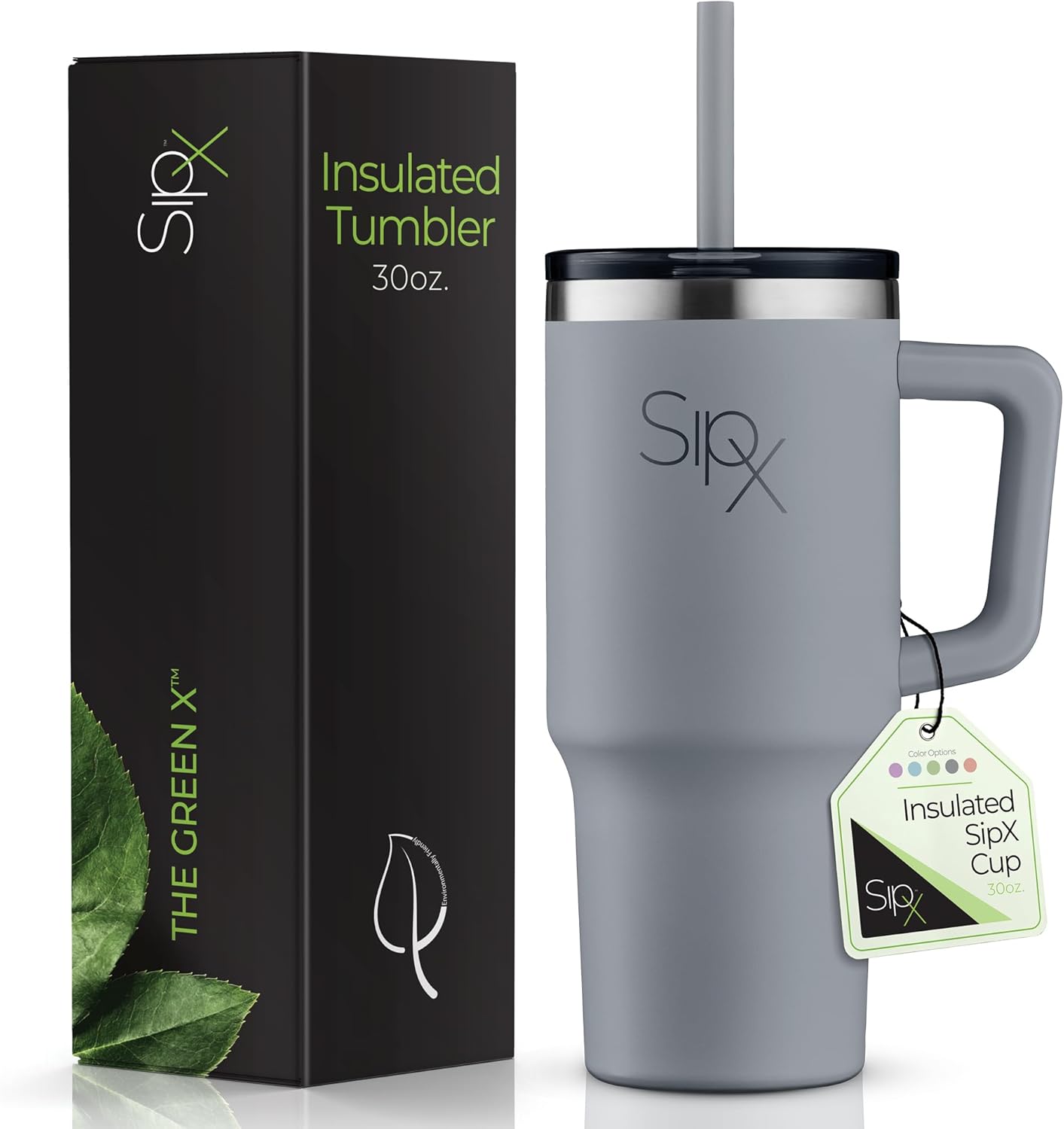 SIPX™ Insulated Tumbler 30 oz - Vacuum-Sealed Stainless Steel with Handle & Straw | Leakproof & Cupholder Friendly - Grey