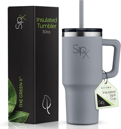 SIPX™ Insulated Tumbler 30 oz - Vacuum-Sealed Stainless Steel with Handle & Straw | Leakproof & Cupholder Friendly - Grey