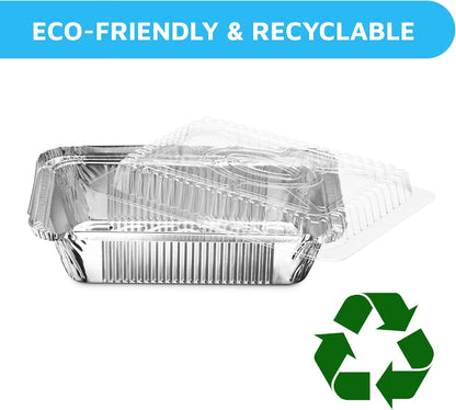 MontoPack Disposable Aluminum Foil Takeout Pans - 2lb Capacity with Clear Lids | Eco-Friendly & Recyclable | 50-Pack 8x5.5” Drip Pans