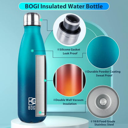 BOGI Insulated Water Bottle - 17oz Stainless Steel, Leak-Proof Design | Keeps Drinks Cold for 24 Hours, Hot for 12 Hours (Blue)