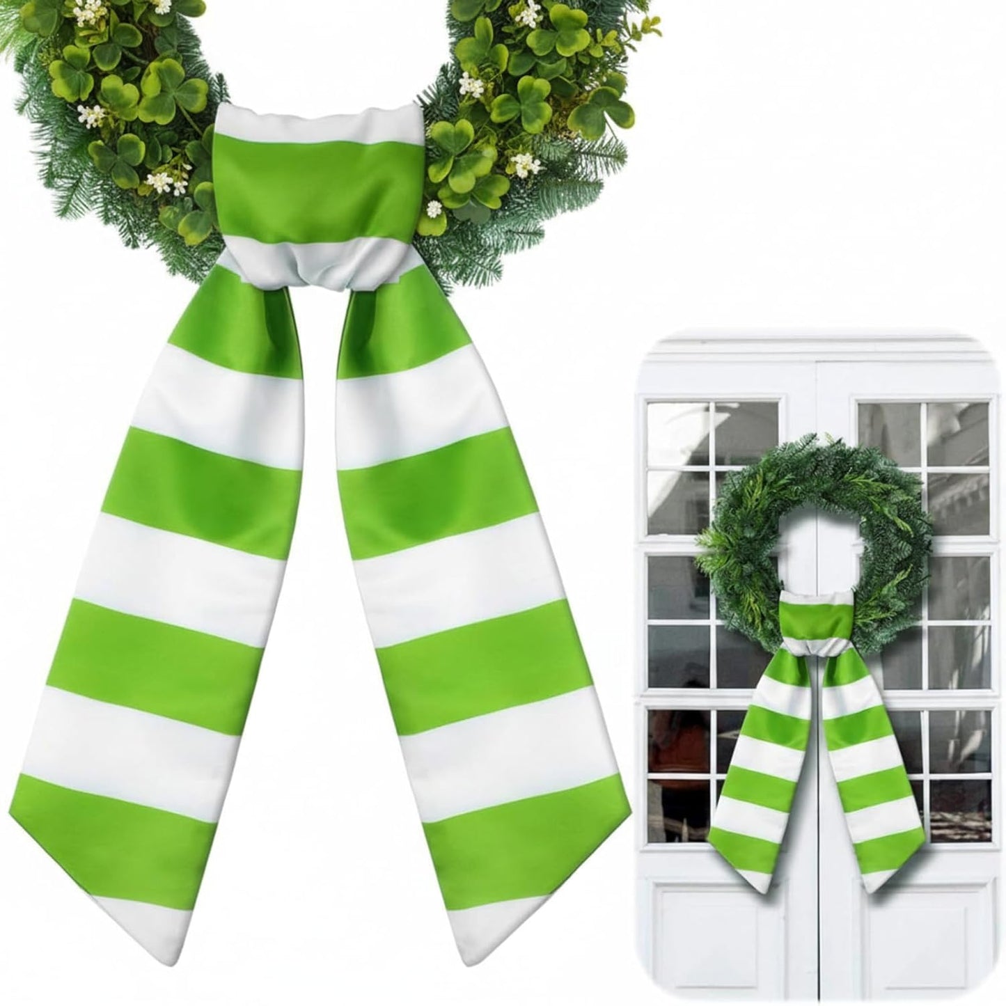 Regine Switzerland Wreath Sash - Satin Blank Sash for Embroidery | Green & White Striped Home Decor