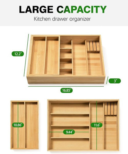 HULISEN Bamboo Utensil Drawer Organizer - 2-Tier Silverware Holder with Sliding Top & Removable Knife Slot - Deep 8-Slot Design