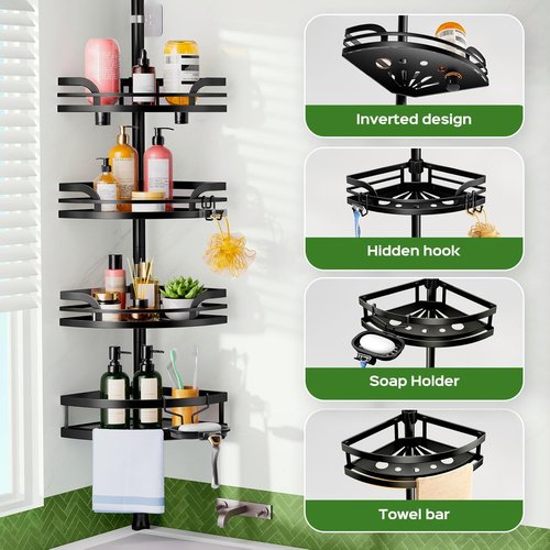 HAMITOR Shower Caddy Tension Pole - Rustproof Adjustable Bathroom Corner Shelf | 47-121 Inches - Black