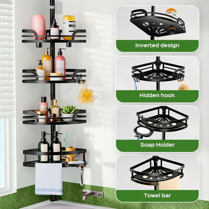HAMITOR Shower Caddy Tension Pole - Rustproof Adjustable Bathroom Corner Shelf | 47-121 Inches - Black