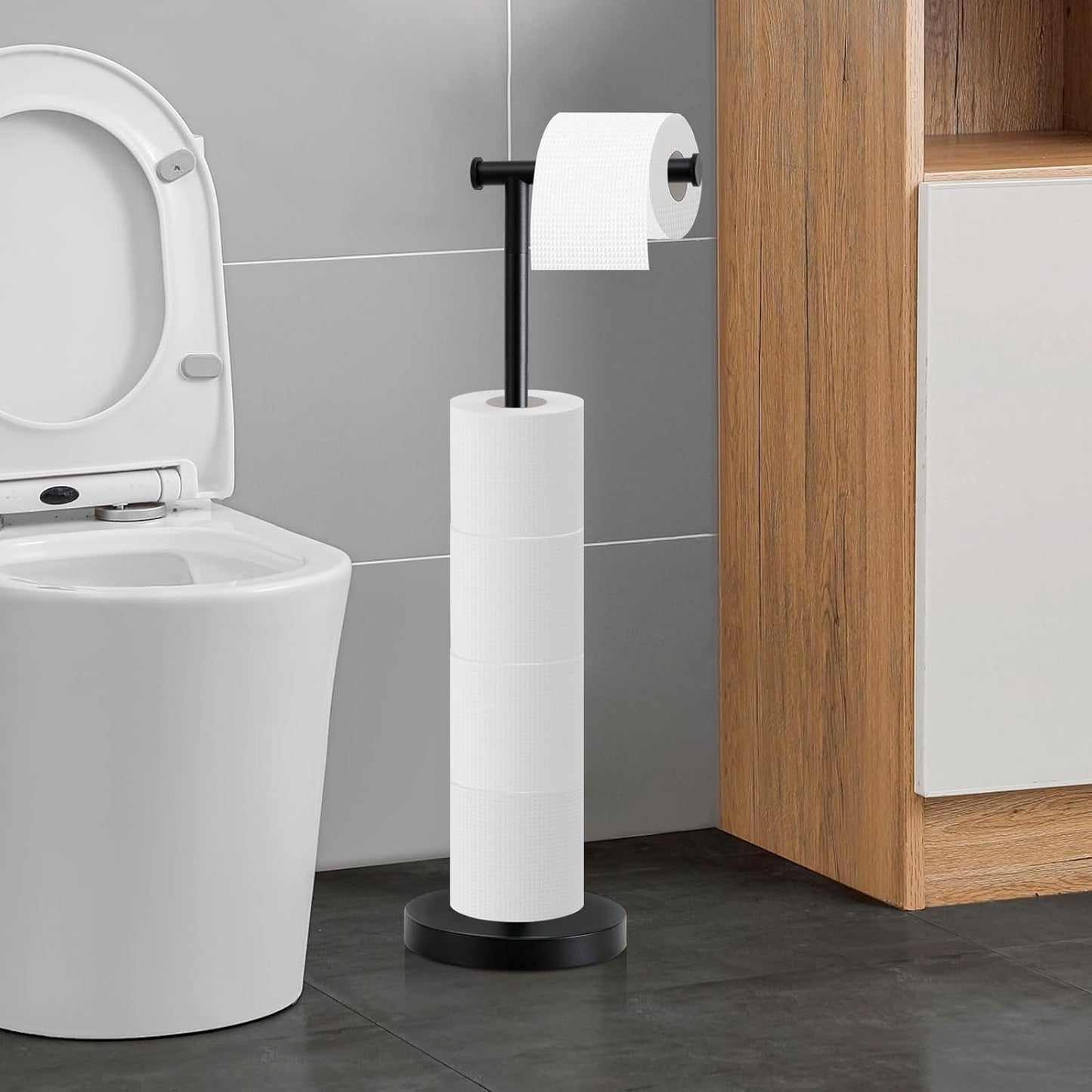 Skiennix Toilet Paper Holder Stand - Rustproof Free Standing Design with Stable Weighted Base | Black Finish