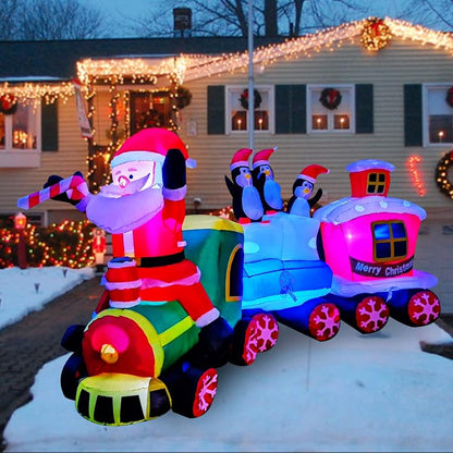 8 Ft LED Lighted Christmas Train Inflatable with Santa & Penguin Decorations