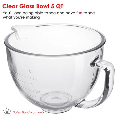 FIRJOY Glass Mixing Bowl 5 QT for KitchenAid 4.5 and 5 Quart Tilt-Head Stand Mixers