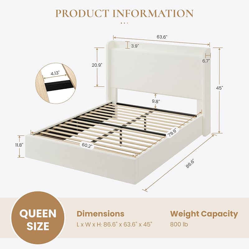 Queen Bed Frame with Chenille Storage Headboard and USB Ports - White (Variation: White+Queen)