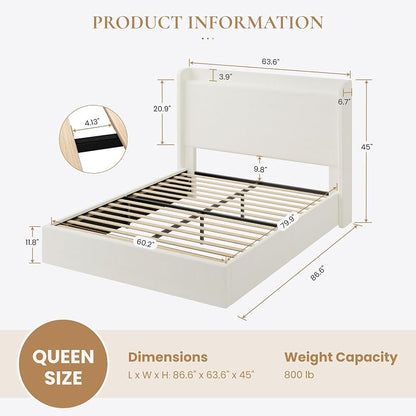 Queen Bed Frame with Chenille Storage Headboard and USB Ports - White (Variation: White+Queen)